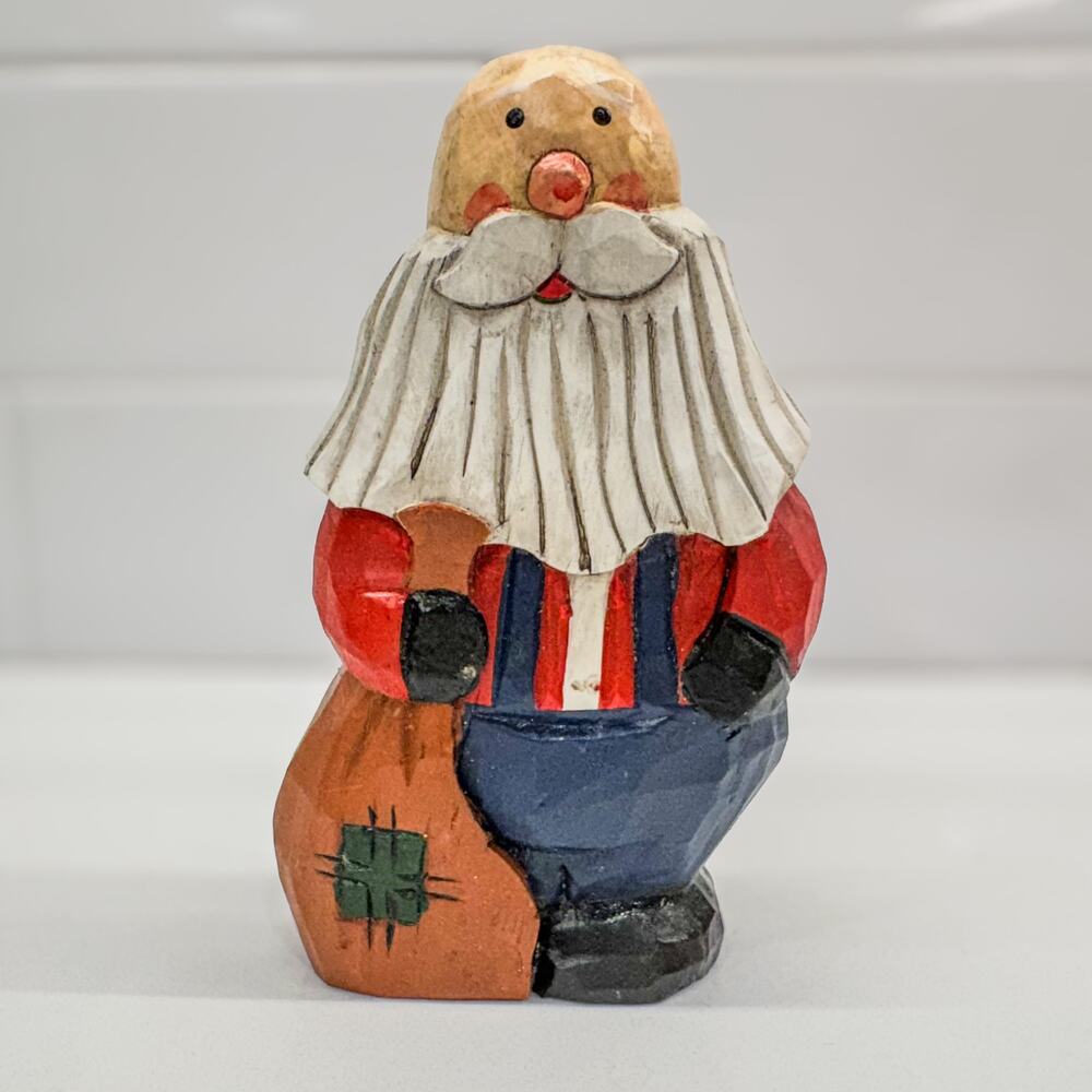 Primitive Folk Art Handcarved Wooden Bald Santa in Overalls-Country Santa-5.25”H